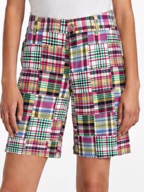 LLBean Favorite Fit Womens Patchwork Madras Bermuda Preppy Short 12 EUC